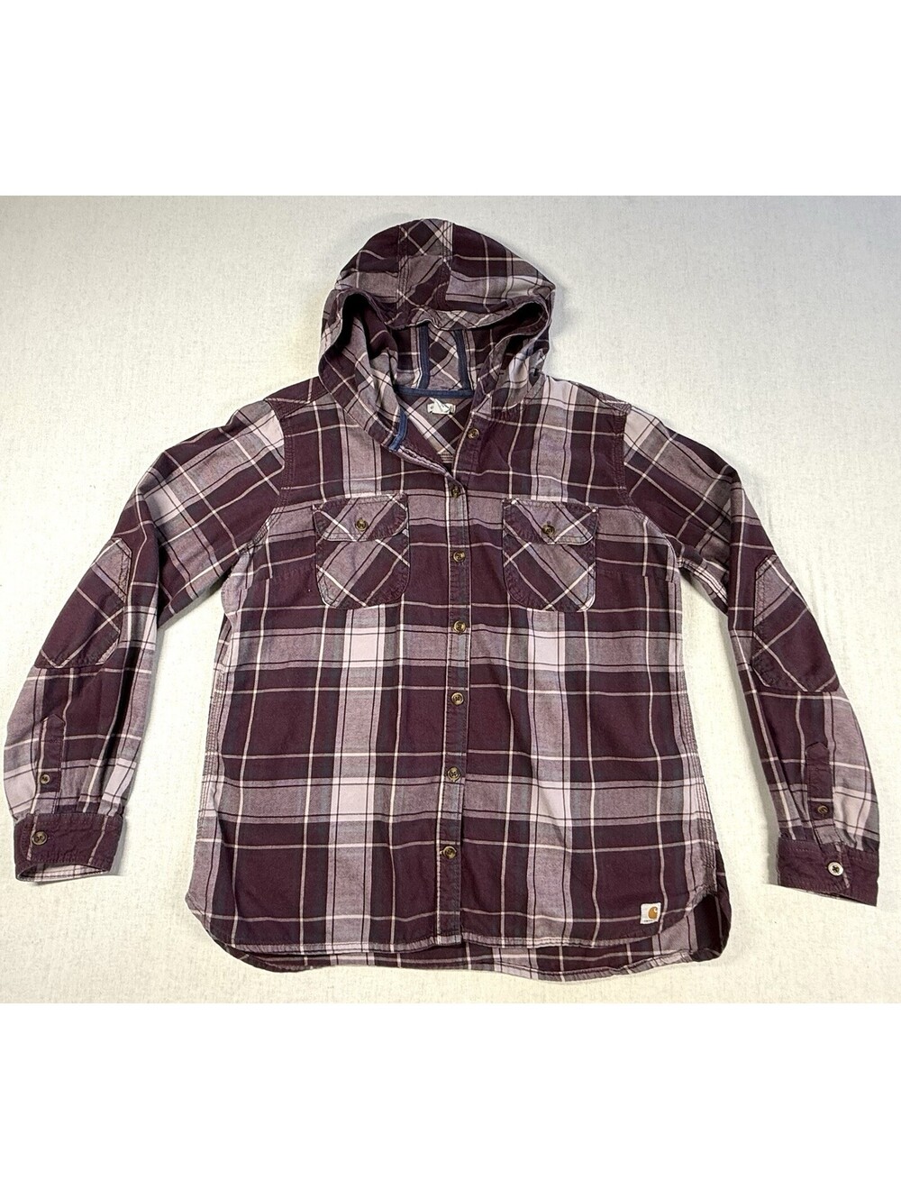 Carhartt Flannel Hooded Button Up Shirt Women Sz L Plaid Utility Grunge Y2K
